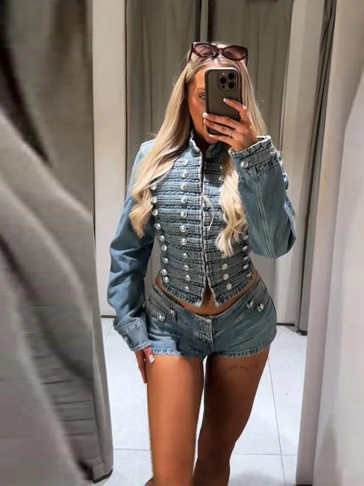 Military Style Denim Jacket & Pants Set