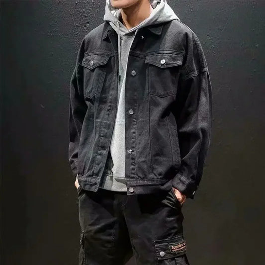 Men’s Black Denim Jacket – Cargo Style, Loose Fit Y2K Outerwear