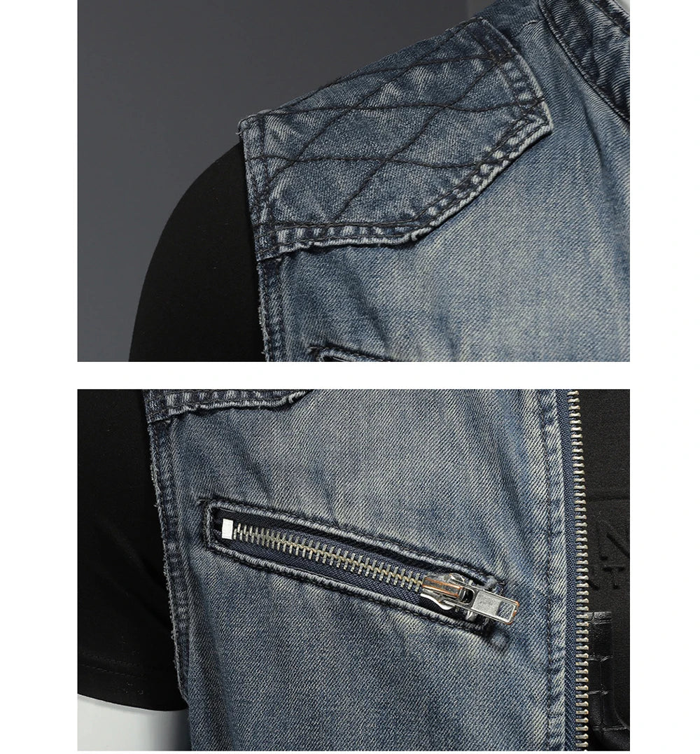 Men’s Denim Vest – Vintage Ripped Punk Jean Waistcoat
