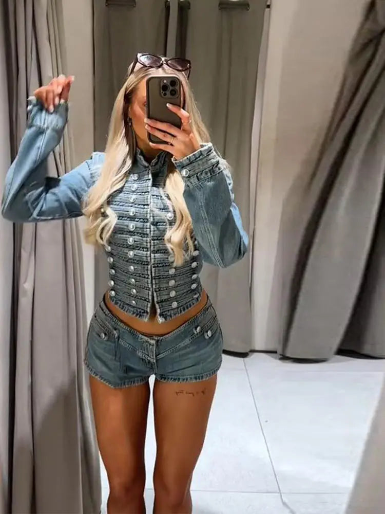 Military Style Denim Jacket & Pants Set
