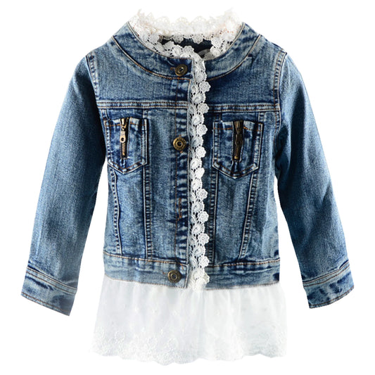 Girls Lace Denim Jacket – Cute Jean Coat with Lace Skirt & Collar