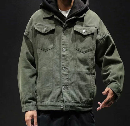 Men’s Black Denim Jacket – Cargo Style, Loose Fit Y2K Outerwear
