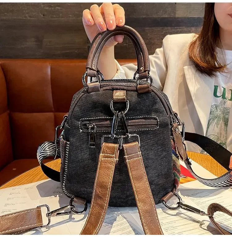 Women’s Denim Embroidered Backpack – Retro Ethnic Crossbody Bag