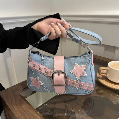 Women’s Denim Shoulder Bag – Star Pattern Hobo Tote