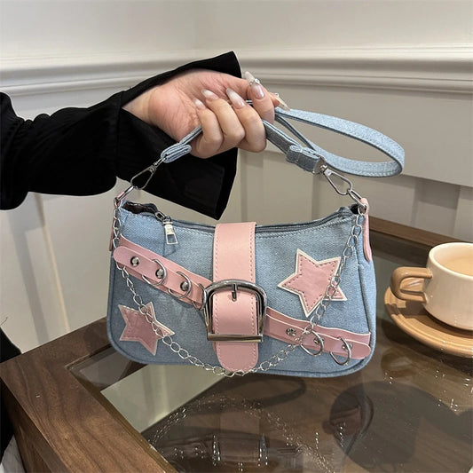 Women’s Denim Shoulder Bag – Star Pattern Hobo Tote