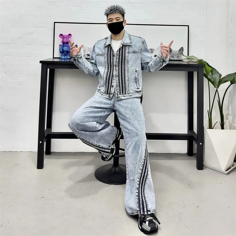 Striped Denim Jacket & Wide Leg Set