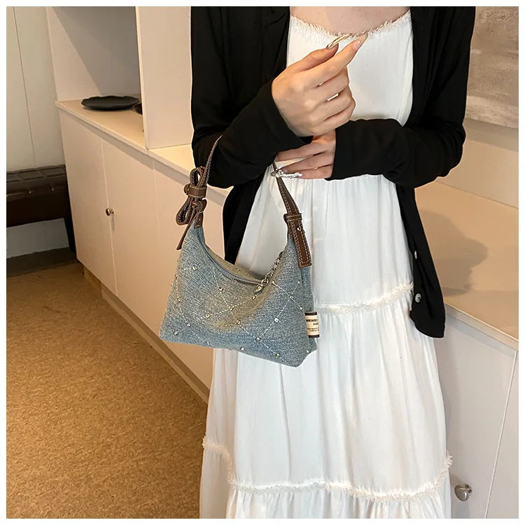Women’s Denim Armpit Bag – 2025 Trendy Beaded Shoulder & Crossbody Tote