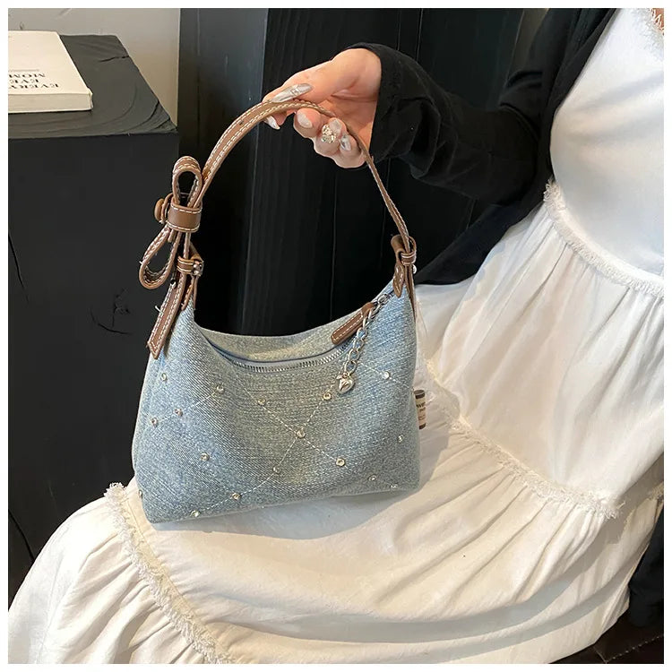 Women’s Denim Armpit Bag – 2025 Trendy Beaded Shoulder & Crossbody Tote