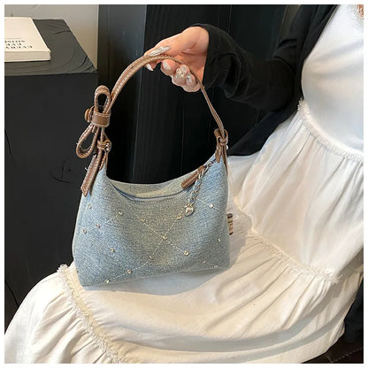 Women’s Denim Armpit Bag – 2025 Trendy Beaded Shoulder & Crossbody Tote