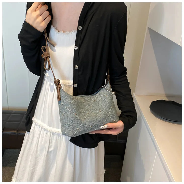 Women’s Denim Armpit Bag – 2025 Trendy Beaded Shoulder & Crossbody Tote