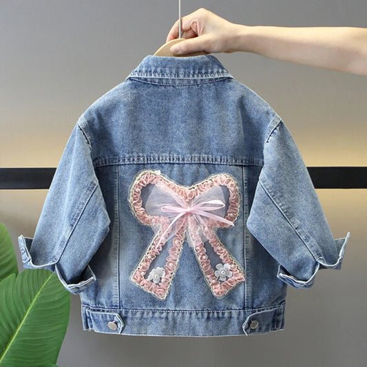 Teen Girls Pearl Denim Jacket – Bow Knot Fashion Coat for Spring & Autumn