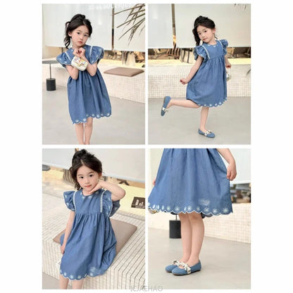 Kids French Style Floral Denim Dress – Summer Cotton Outfit
