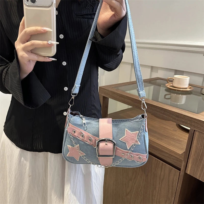 Women’s Denim Shoulder Bag – Star Pattern Hobo Tote