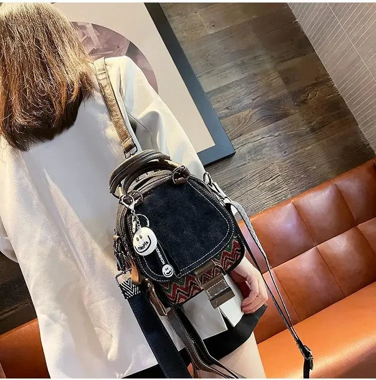 Women’s Denim Embroidered Backpack – Retro Ethnic Crossbody Bag