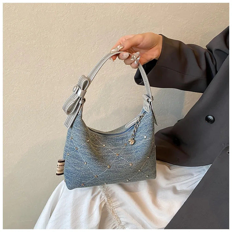 Women’s Denim Armpit Bag – 2025 Trendy Beaded Shoulder & Crossbody Tote