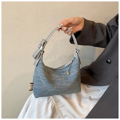 Women’s Denim Armpit Bag – 2025 Trendy Beaded Shoulder & Crossbody Tote