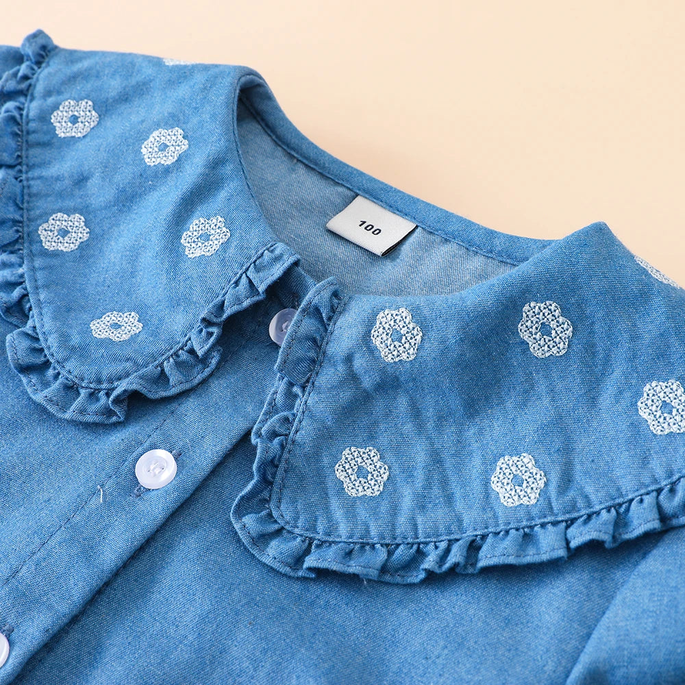 Toddler Girls Ruffled Denim Shirt – Embroidered Long Sleeve Top