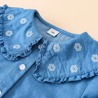 Toddler Girls Ruffled Denim Shirt – Embroidered Long Sleeve Top