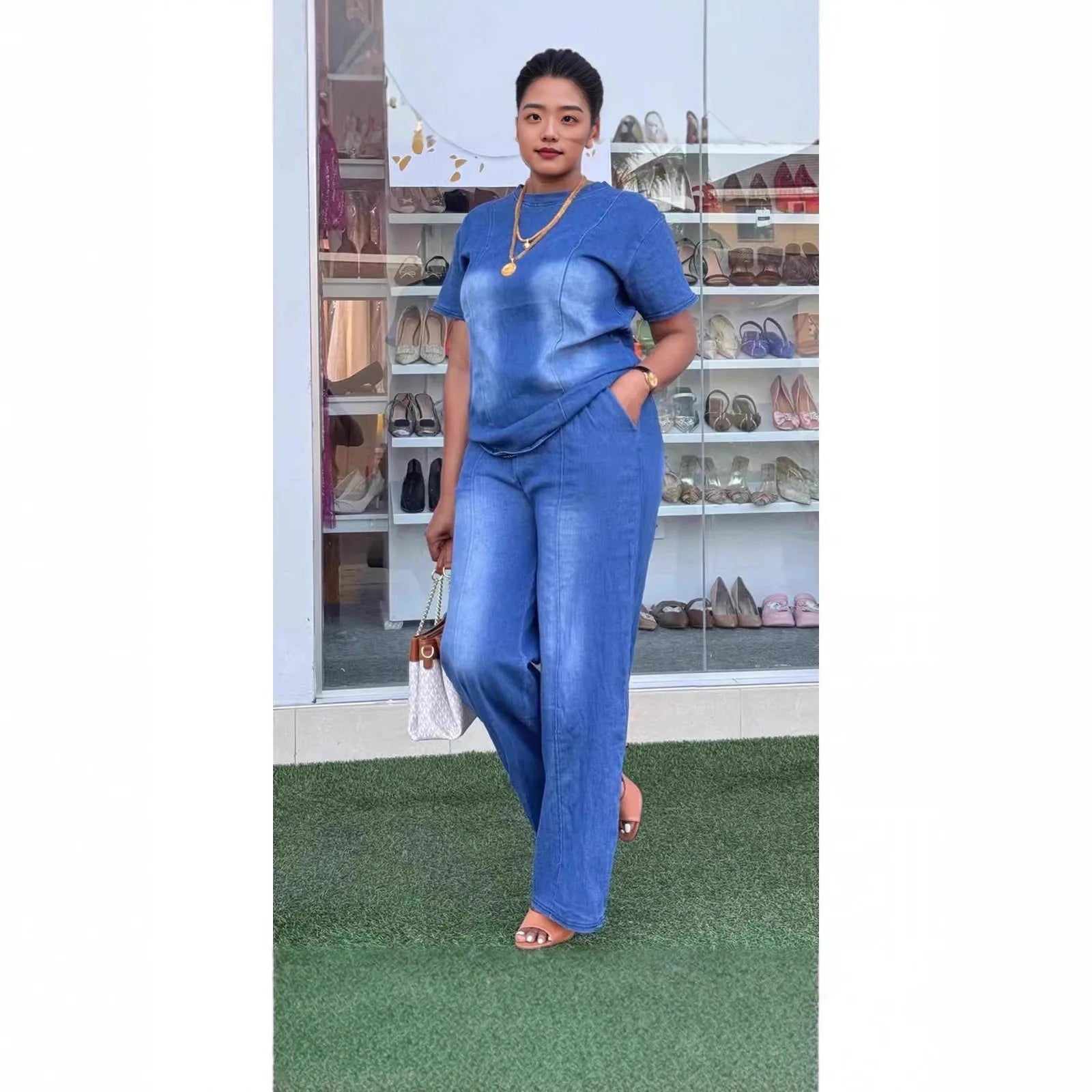 Women’s Denim Top & Wide Leg Pants Set
