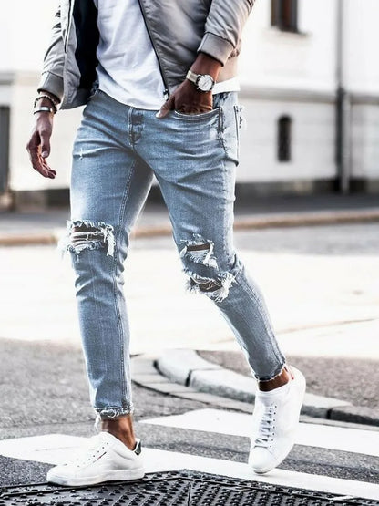 Men’s Distressed Slim Denim Pants – Elastic Waist Casual Jeans