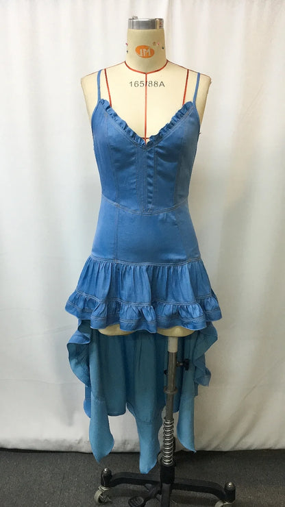 Women’s Retro Western Denim Midi Dress – Flare Ruffle Skirt