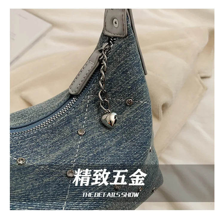 Women’s Denim Armpit Bag – 2025 Trendy Beaded Shoulder & Crossbody Tote