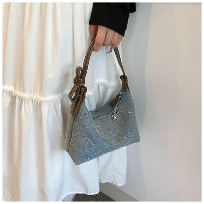 Women’s Denim Armpit Bag – 2025 Trendy Beaded Shoulder & Crossbody Tote