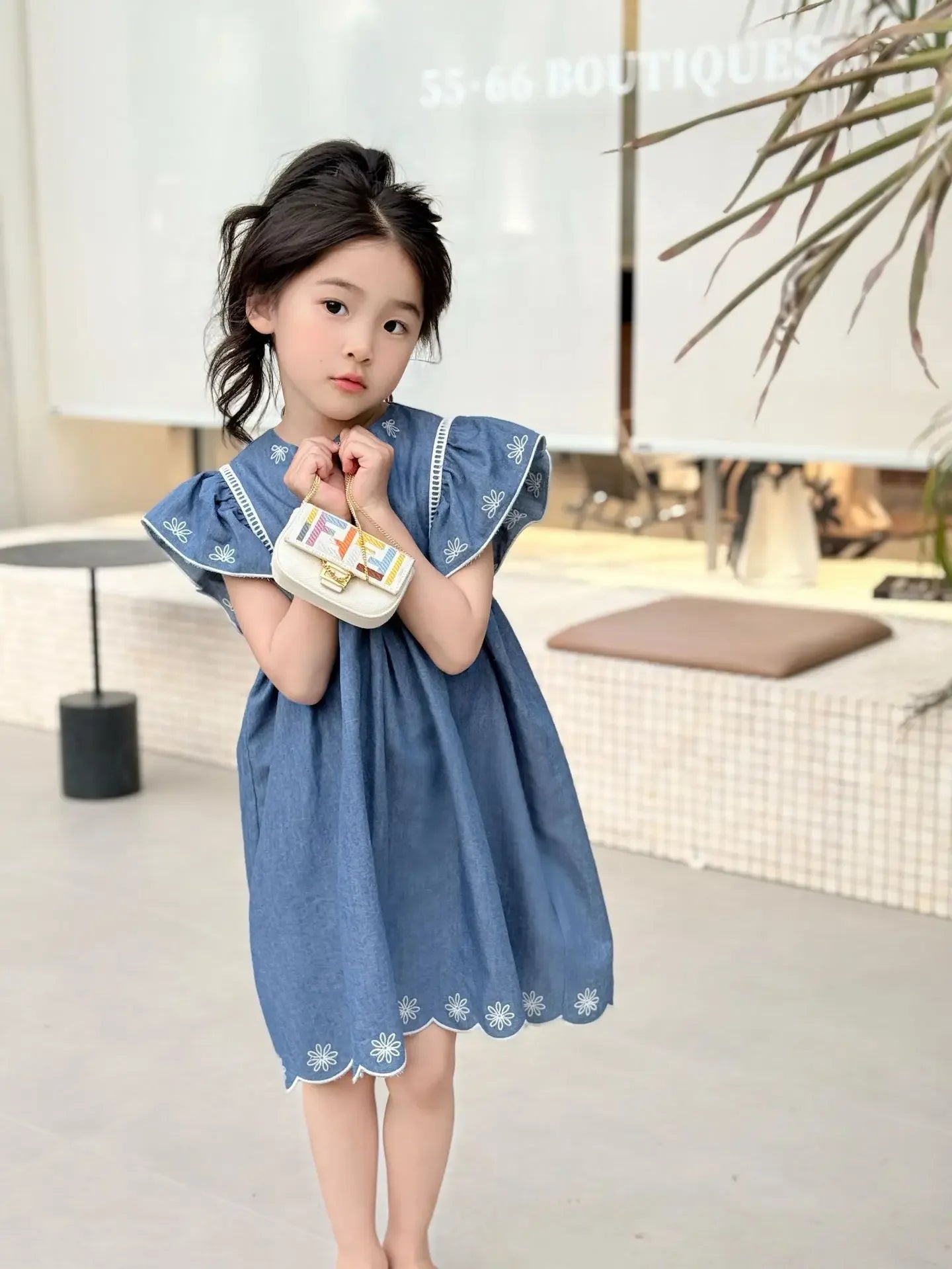 Kids French Style Floral Denim Dress – Summer Cotton Outfit