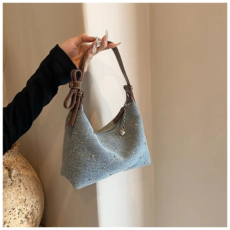 Women’s Denim Armpit Bag – 2025 Trendy Beaded Shoulder & Crossbody Tote