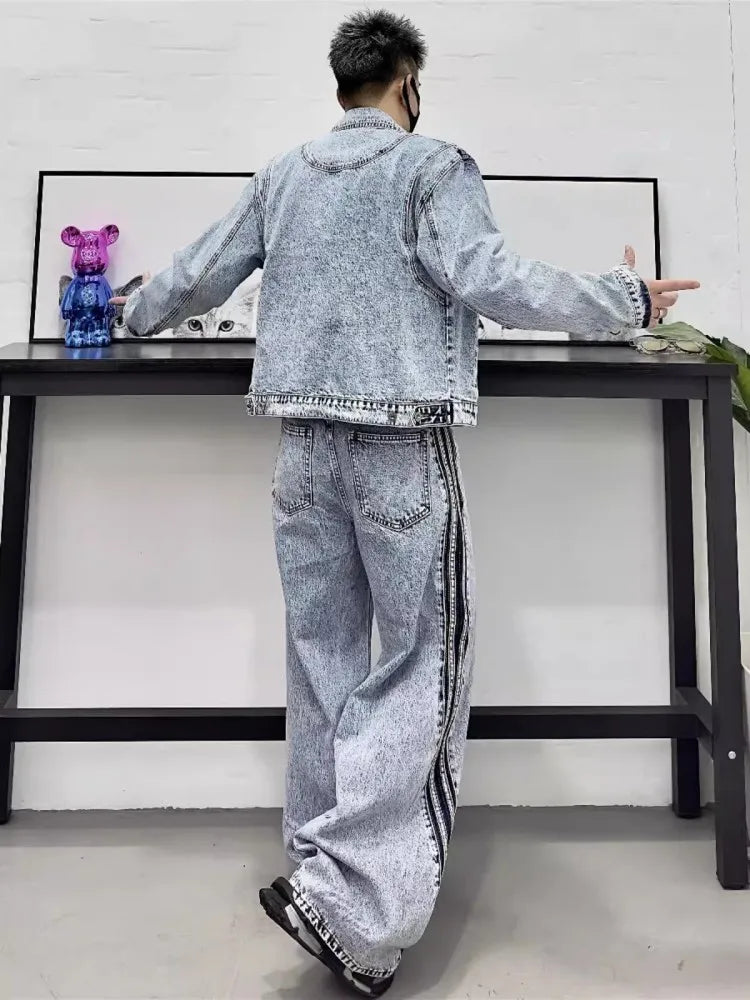 Striped Denim Jacket & Wide Leg Set
