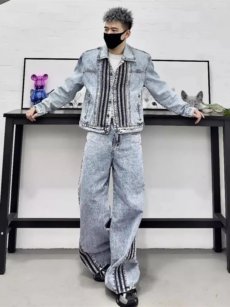 Striped Denim Jacket & Wide Leg Set