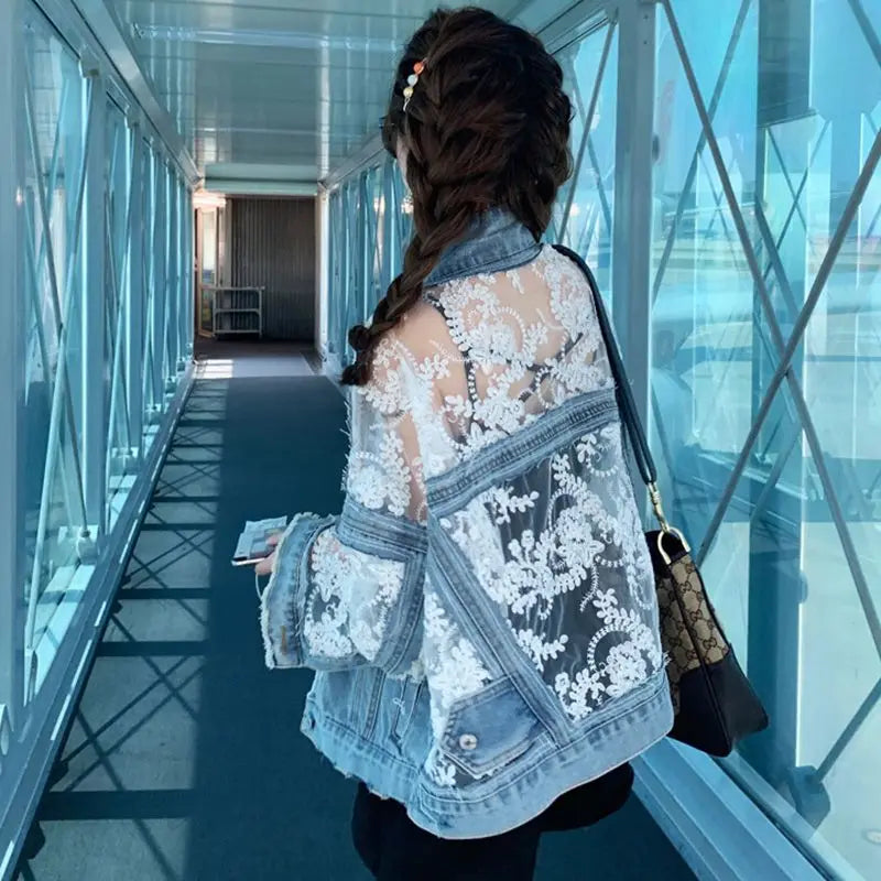 Embroidered Mesh Denim Jacket