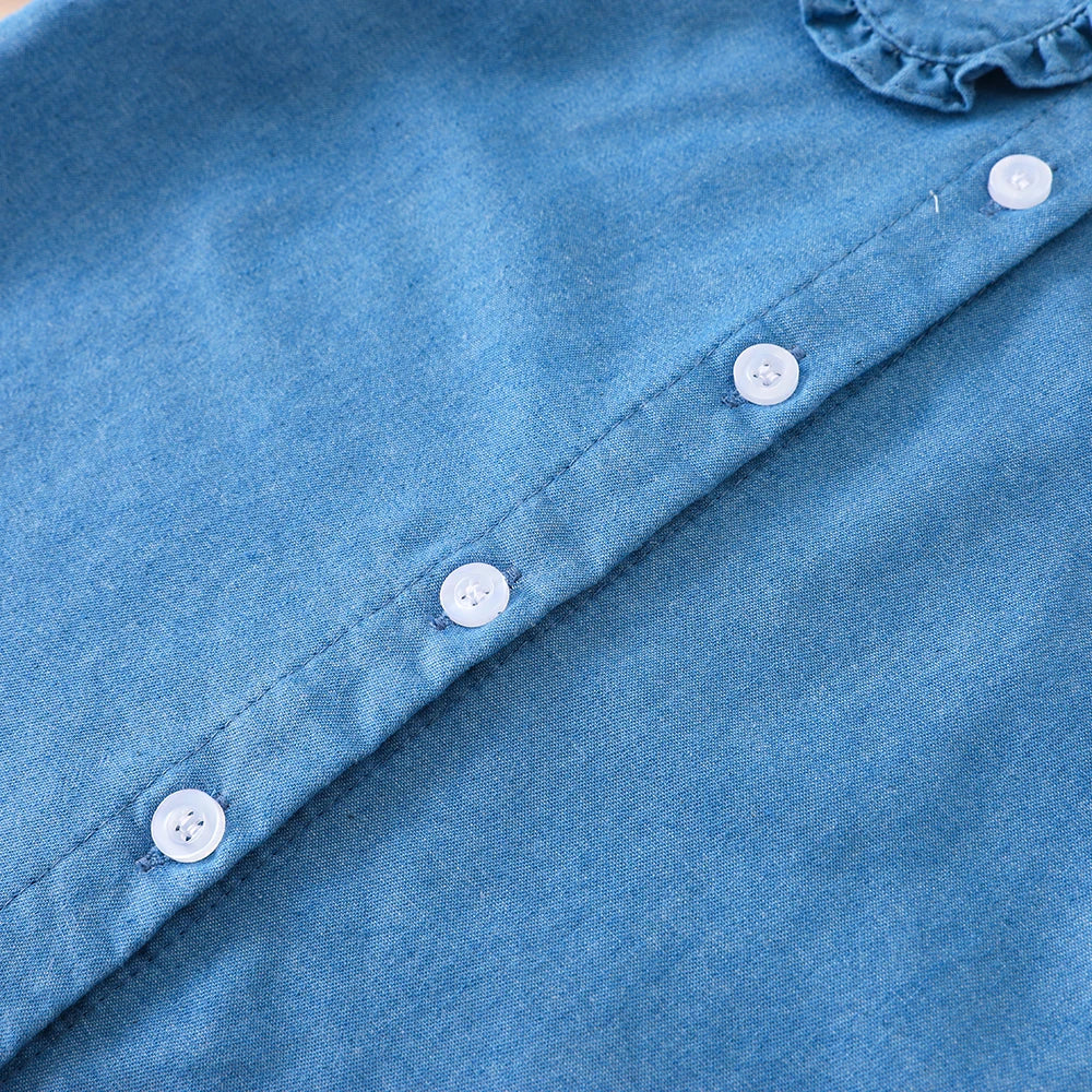 Toddler Girls Ruffled Denim Shirt – Embroidered Long Sleeve Top