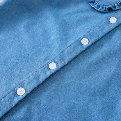 Toddler Girls Ruffled Denim Shirt – Embroidered Long Sleeve Top