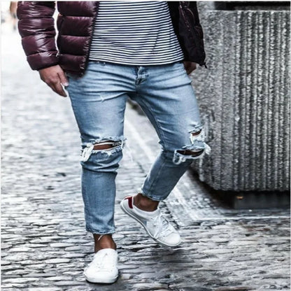 Men’s Distressed Slim Denim Pants – Elastic Waist Casual Jeans