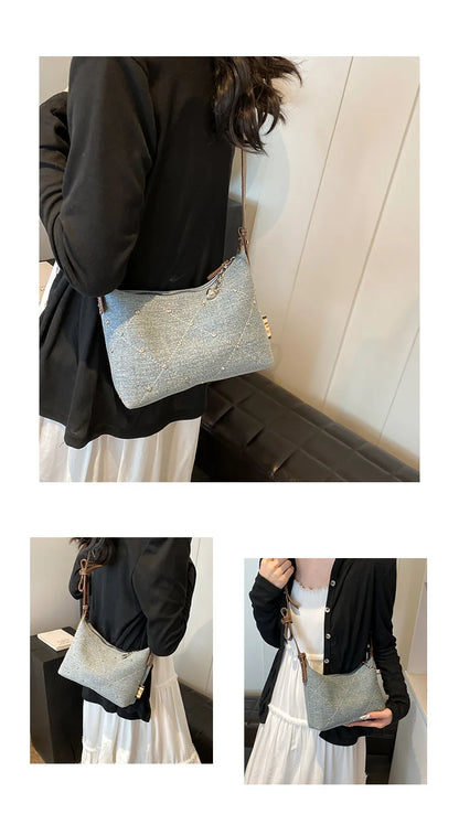 Women’s Denim Armpit Bag – 2025 Trendy Beaded Shoulder & Crossbody Tote