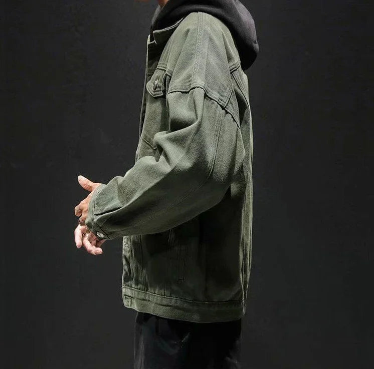 Men’s Black Denim Jacket – Cargo Style, Loose Fit Y2K Outerwear