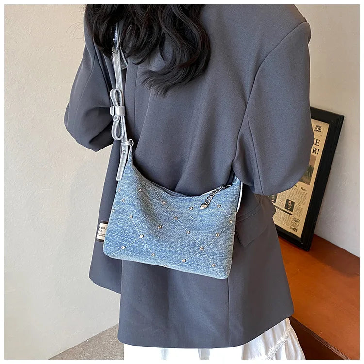 Women’s Denim Armpit Bag – 2025 Trendy Beaded Shoulder & Crossbody Tote