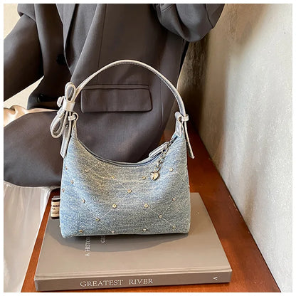 Women’s Denim Armpit Bag – 2025 Trendy Beaded Shoulder & Crossbody Tote