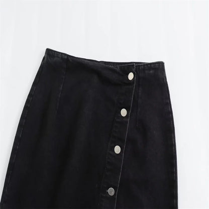 Women’s Button-Front Denim Midi Skirt with Side Slit