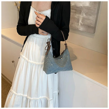 Women’s Denim Armpit Bag – 2025 Trendy Beaded Shoulder & Crossbody Tote