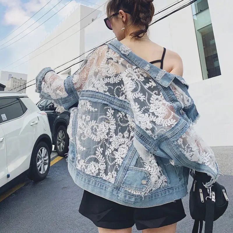 Embroidered Mesh Denim Jacket