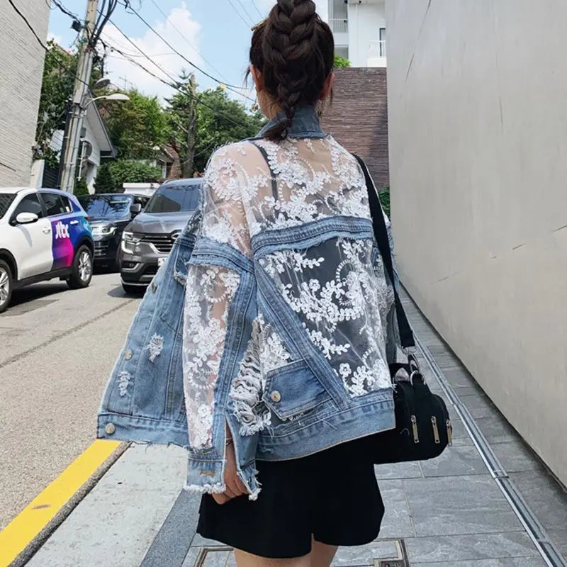 Embroidered Mesh Denim Jacket