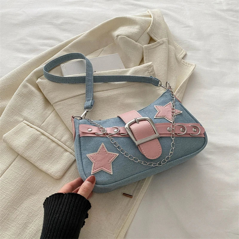 Women’s Denim Shoulder Bag – Star Pattern Hobo Tote