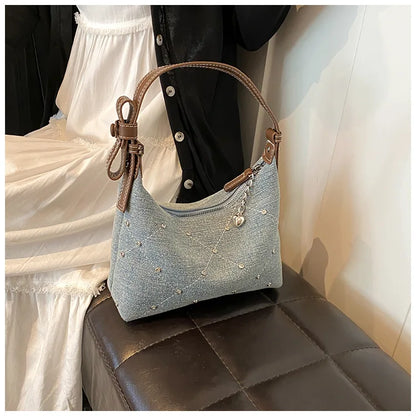 Women’s Denim Armpit Bag – 2025 Trendy Beaded Shoulder & Crossbody Tote