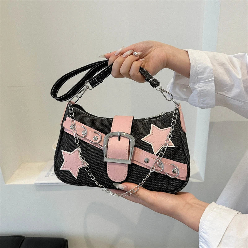 Women’s Denim Shoulder Bag – Star Pattern Hobo Tote