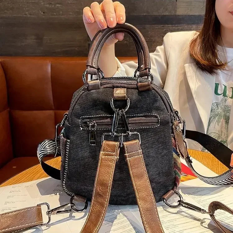 Women’s Denim Embroidered Backpack – Retro Ethnic Crossbody Bag