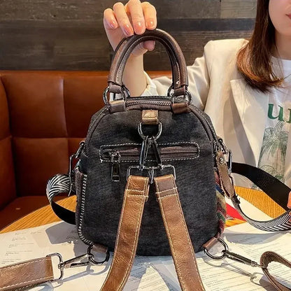 Women’s Denim Embroidered Backpack – Retro Ethnic Crossbody Bag