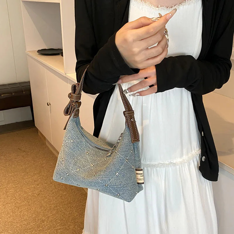 Women’s Denim Armpit Bag – 2025 Trendy Beaded Shoulder & Crossbody Tote