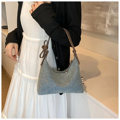 Women’s Denim Armpit Bag – 2025 Trendy Beaded Shoulder & Crossbody Tote